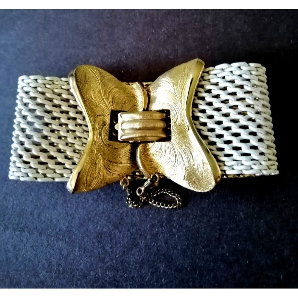Crown Trifari Signed Gold Tone White Enamel Wide Mesh Bracelet Butterfly Clasp